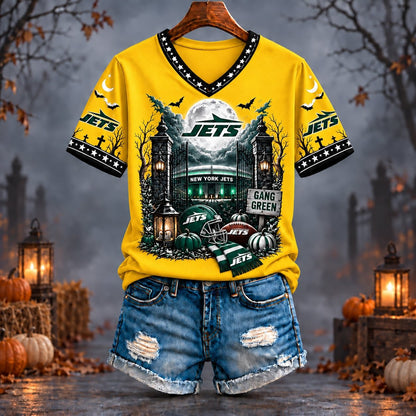 PREMIUM NFL X NYJ EXCLUSIVE SPOOKY NIGHT VNECK- TSHIRT LIMITED EDITION