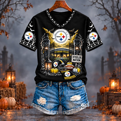 PREMIUM NFL X PIT EXCLUSIVE SPOOKY NIGHT VNECK- TSHIRT LIMITED EDITION