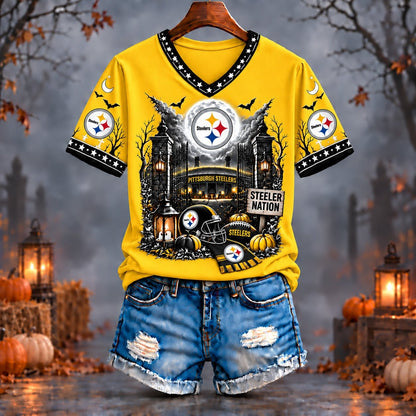 PREMIUM NFL X PIT EXCLUSIVE SPOOKY NIGHT VNECK- TSHIRT LIMITED EDITION