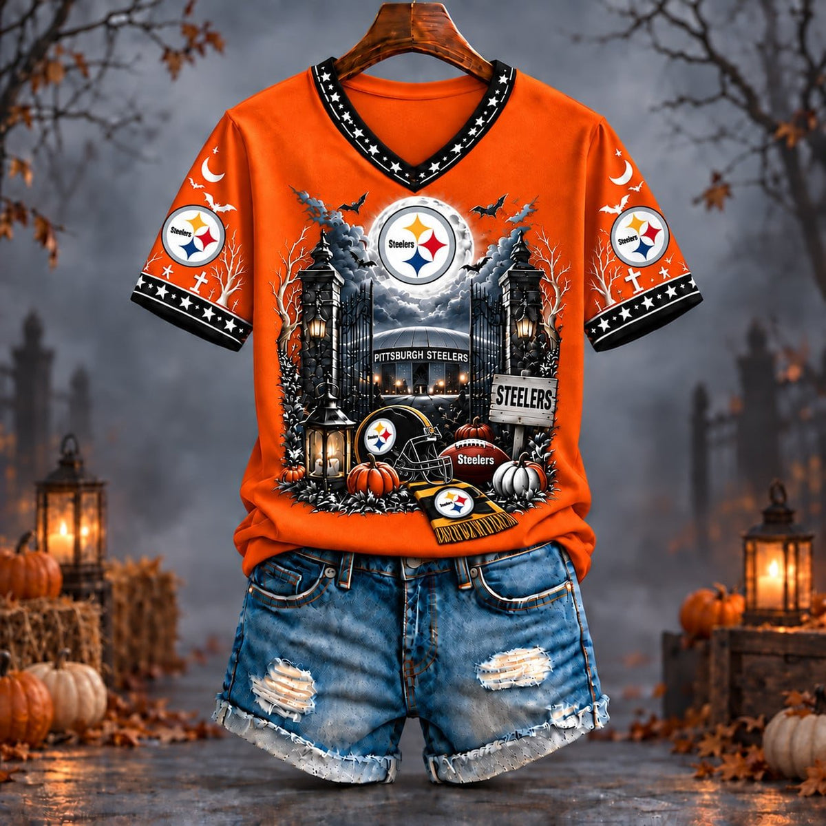 PREMIUM NFL X PIT EXCLUSIVE SPOOKY NIGHT VNECK- TSHIRT LIMITED EDITION
