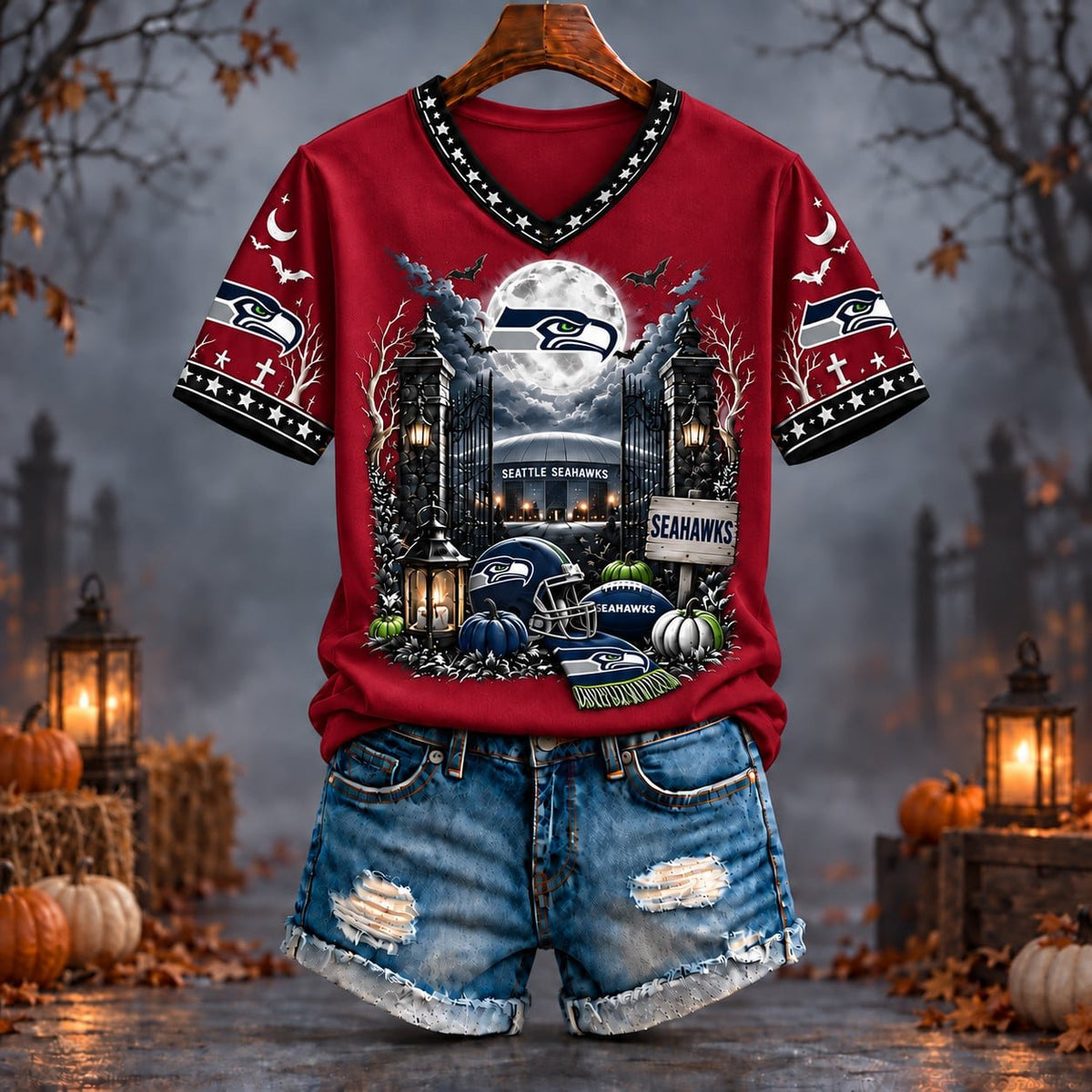 PREMIUM NFL X SEA EXCLUSIVE SPOOKY NIGHT VNECK- TSHIRT LIMITED EDITION