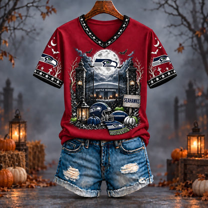 PREMIUM NFL X SEA EXCLUSIVE SPOOKY NIGHT VNECK- TSHIRT LIMITED EDITION
