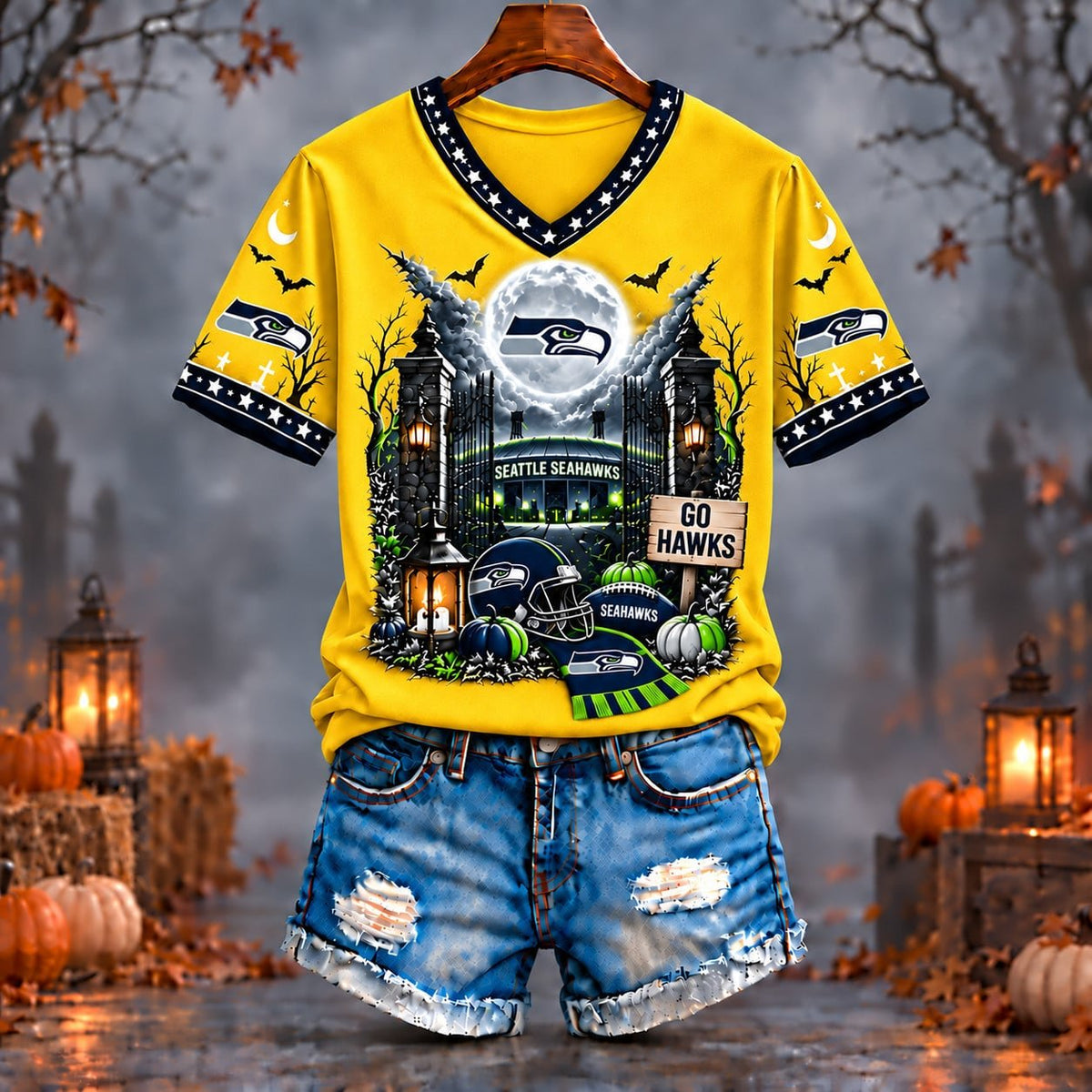 PREMIUM NFL X SEA EXCLUSIVE SPOOKY NIGHT VNECK- TSHIRT LIMITED EDITION