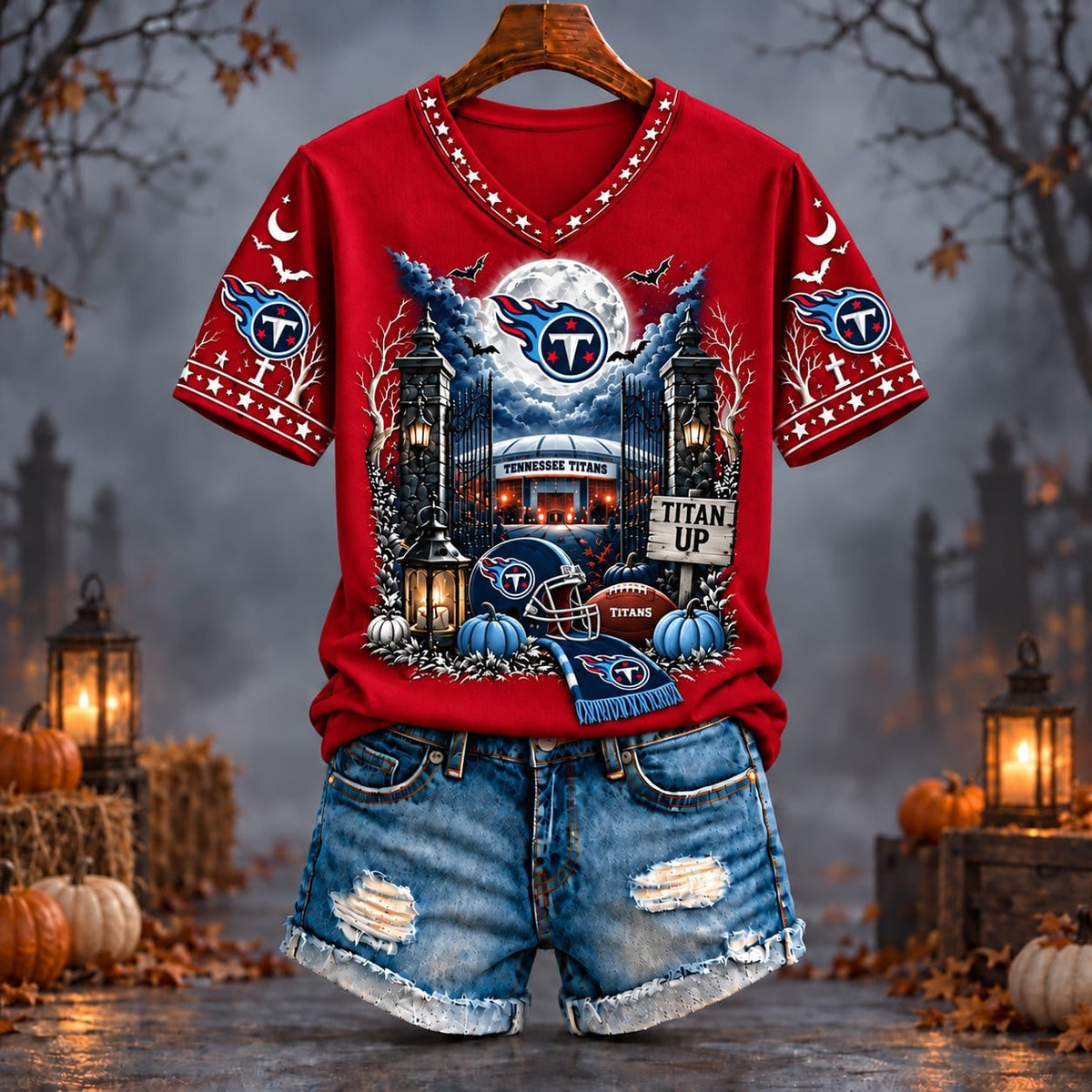 PREMIUM NFL X TEN EXCLUSIVE SPOOKY NIGHT VNECK- TSHIRT LIMITED EDITION