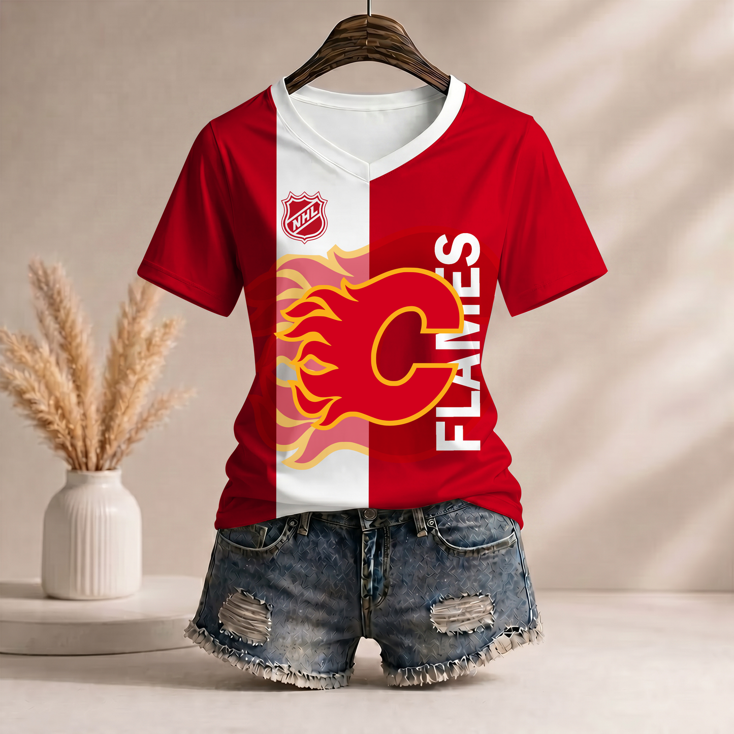 PREMIUM NHL X CF Women�???s Casual Loose Stripe V-Neck T-Shirt NDT VHM 290526