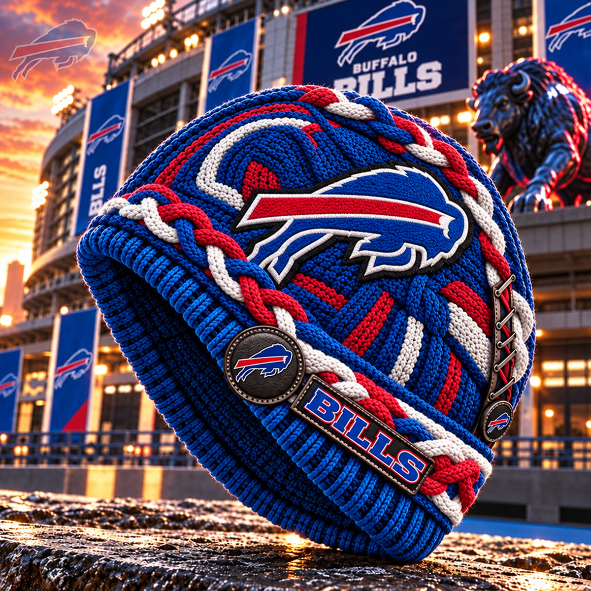 Premium NFL BUF Embroidered Cable Knit Beanie Hat