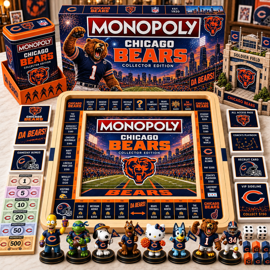 Premium NFL CHI Monopoly Collector’s Edition Board Game Set with Mini Figures & Accessories