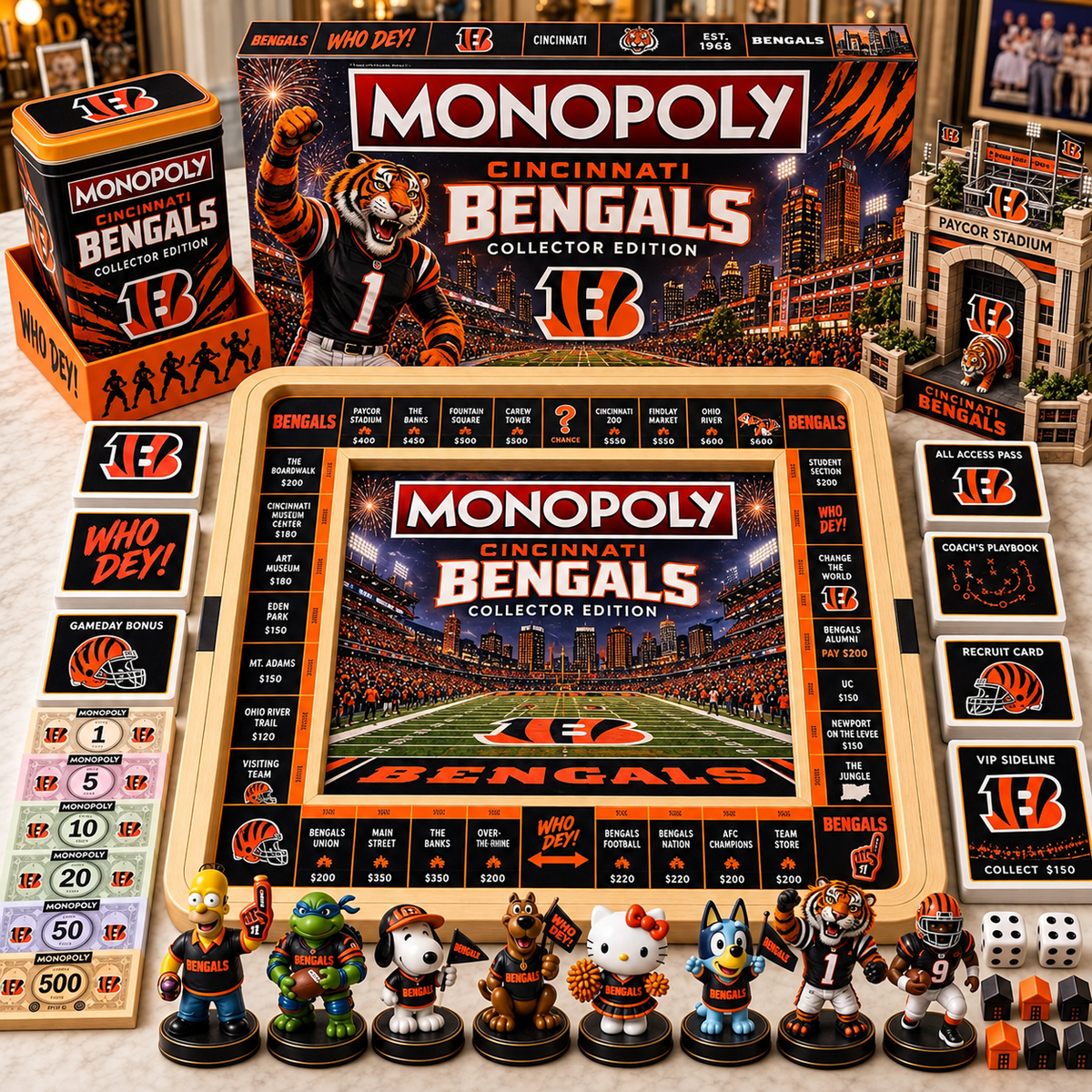 Premium NFL CIN Monopoly Collector’s Edition Board Game Set with Mini Figures & Accessories