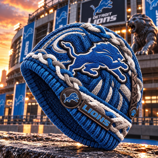 Premium NFL DET Embroidered Cable Knit Beanie Hat
