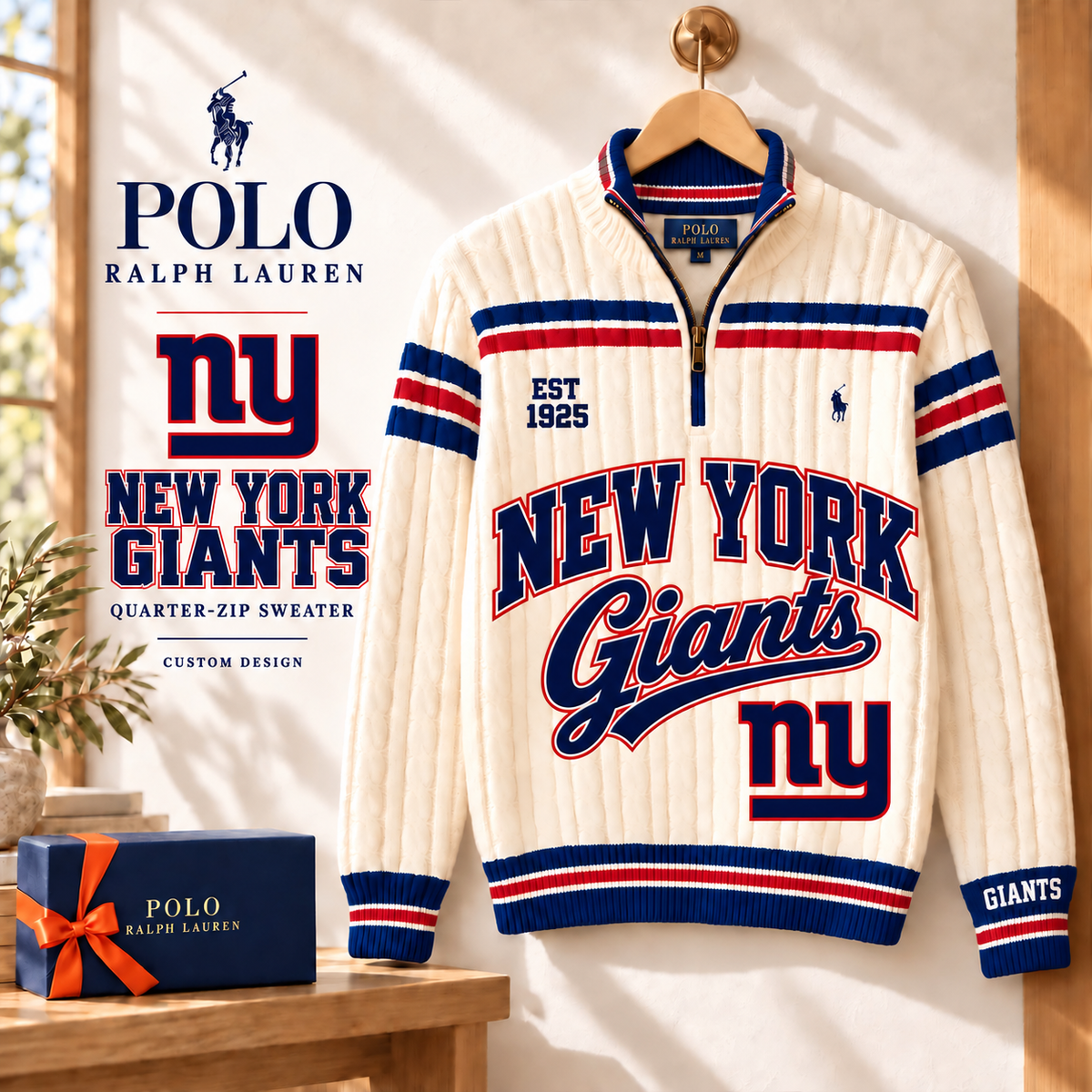 Premium NFL NYG Long Zip Polo Shirt