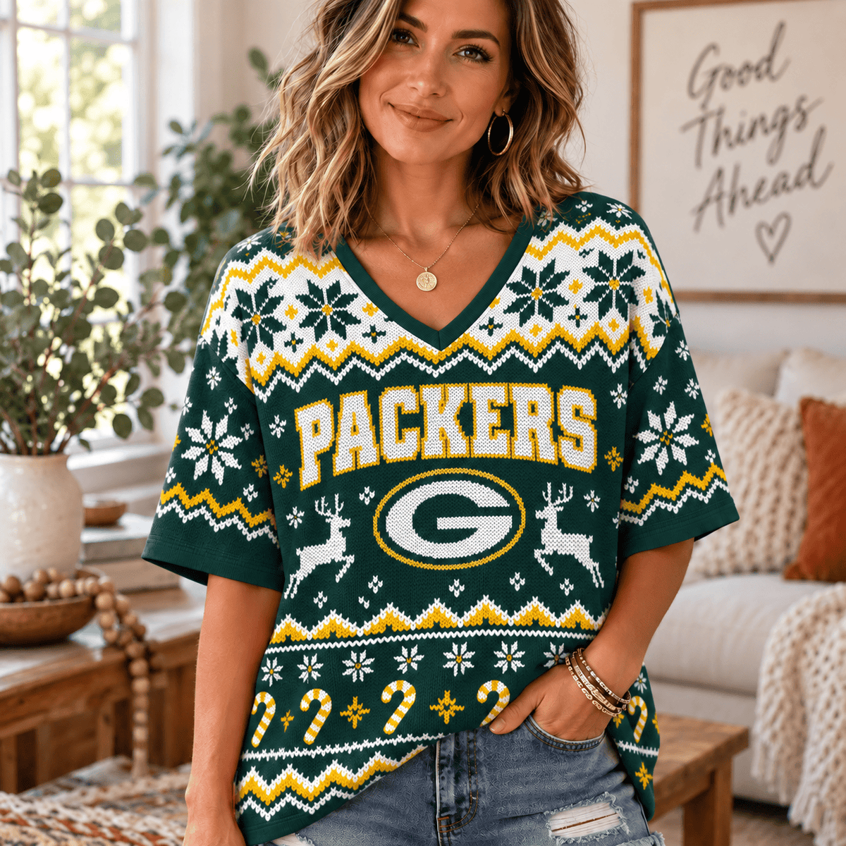 Premium NFL x GB Christmas V-Neck Shirt