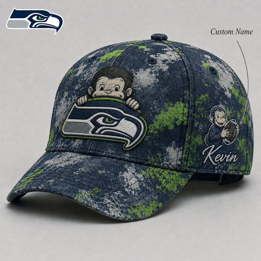 Premium NFL x SEA Curious George Custom Name Classic Cap For Passionate Game Day